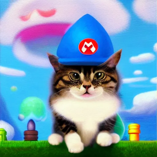 Image similar to A beautiful oil painting of a Kawaii Cat wearing a Super Mario Hat, nintendo, box art, intricate, volumetric lighting, summer, hyperrealistic, colorful, hyperdetailed.