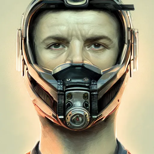 Image similar to Portrait of a man by Greg Rutkowski, symmetrical face, a marine with a helmet, using a VR Headset, Kubric Stare, crooked smile, he's wearing a tacitcal gear, highly detailed portrait, scifi, digital painting, artstation, book cover, cyberpunk, concept art, smooth, sharp foccus ilustration, Artstation HQ