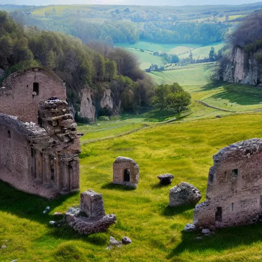 Prompt: a vast picturesque valley with ancient Roman ruins field with limestone rocks, photo real, nature photography, artstation, matepaintig, 4K, 8K