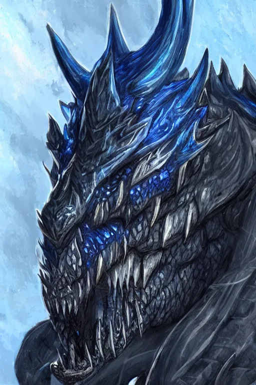 Image similar to a D&D character of a dark blue dragonborn with large tusks, blue flame burning half his face, he wears a black dragon scales armor, D&D concept art