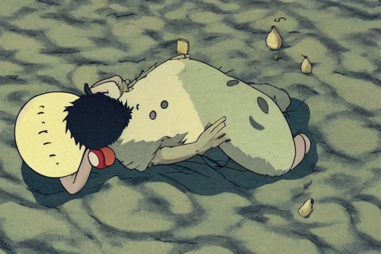 Prompt: Japanese animation character My Neighbor Totoro lying on the sand, wearing headphones and holding potato chips, Japanese anime style, realistic details