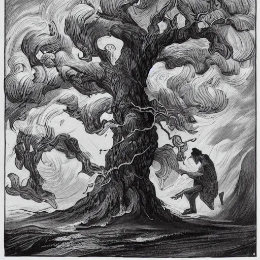 Image similar to The print shows a man caught in a storm, buffeted by wind and rain. He clings to a tree for support, but the tree is bent nearly double by the force of the storm. The man's clothing is soaked through and his hair is plastered to his head. His face is contorted with fear and effort. Adventure Time, mint by Tibor Nagy, by Mab Graves evocative