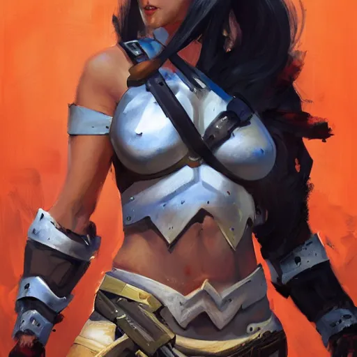 Image similar to greg manchess portrait painting of a female punisher kratos as overwatch character, medium shot, asymmetrical, profile picture, organic painting, sunny day, matte painting, bold shapes, hard edges, street art, trending on artstation, by huang guangjian and gil elvgren and sachin teng