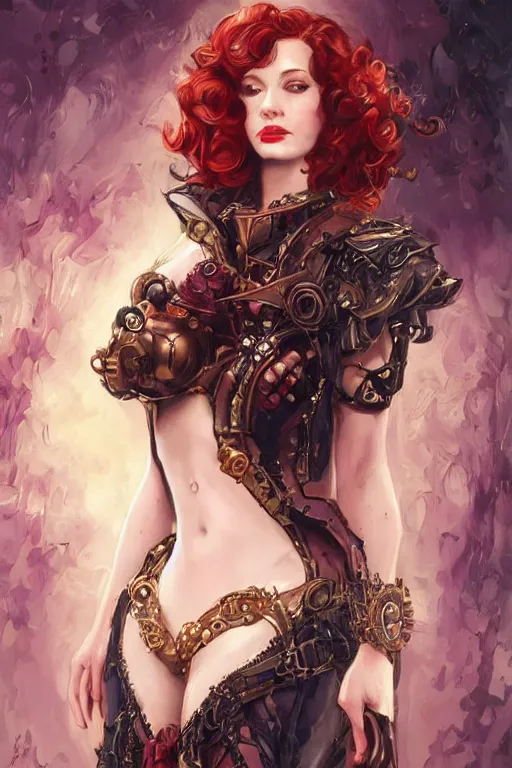 Image similar to three-quarters pose portrait of Christina Hendricks as a sensual Lady Mechanika, very beautiful young woman, ginger wavy hair, Victorian-era push-up underwire. Intricate, steampunk imagery themed, D&D!, fantasy style, sharp focus!, ultra detailed, art by Artgerm and Peter Andrew Jones, WLUP