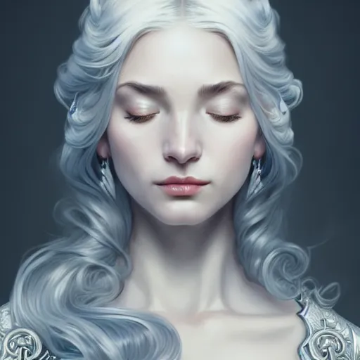 Image similar to aristocrat, white grey blue color palette, eyes closed, female, d & d, fantasy, intricate, elegant, highly detailed, long silver hair, digital painting, artstation, octane render, concept art, matte, sharp focus, illustration, hearthstone, art by artgerm, alphonse mucha johannes voss