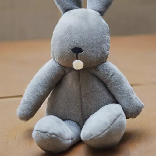 Image similar to a cute plush doll made to look like a baby wearing a grey fluffy bunny suit