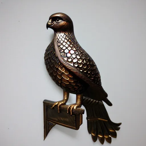 Prompt: gorgeous ornated bronze realistic detailed arabian falcon office decoration with filigree,