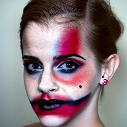 Prompt: emma watson. creepy clown makeup
