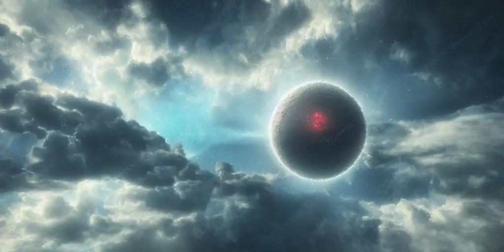 Image similar to glowing atom amongst clouds, volumetric, digital art, art station, extremely detailed