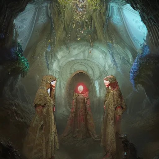 Image similar to The three moiras, dressed in robes of veils and with intricate jewels behind a large and detailed sculpted astrolabe, inside a cave with alien flowers, dramatic atmosphere, Diffused lighting, highly detailed digital art, trending on artstation, depth of field