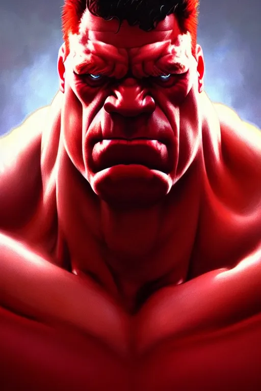 Image similar to a portrait of red hulk, fantasy, sharp focus, intricate, elegant, digital painting, artstation, matte, highly detailed, concept art, illustration, ambient lighting, art by ilya kuvshinov, artgerm, alphonse mucha, and greg rutkowski