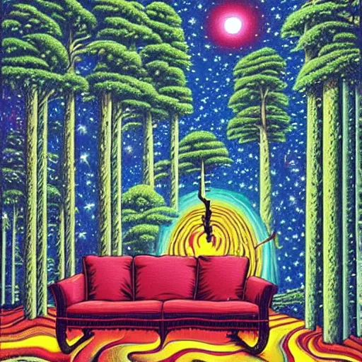 Image similar to psychedelic trippy couch pine forest, planets, milky way, sofa, cartoon by rob gonsalves