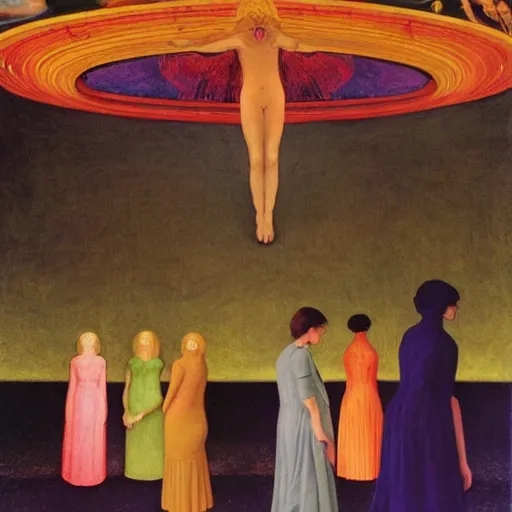 Image similar to a procession of women in a giant metaphysical temple, hyperrealistic film still by edward hopper, by gottfried helnwein, by klimt, by paolo uccello, art nouveau, highly detailed, strong lights, liminal, eerie, metaphysical, bright pastel colors,