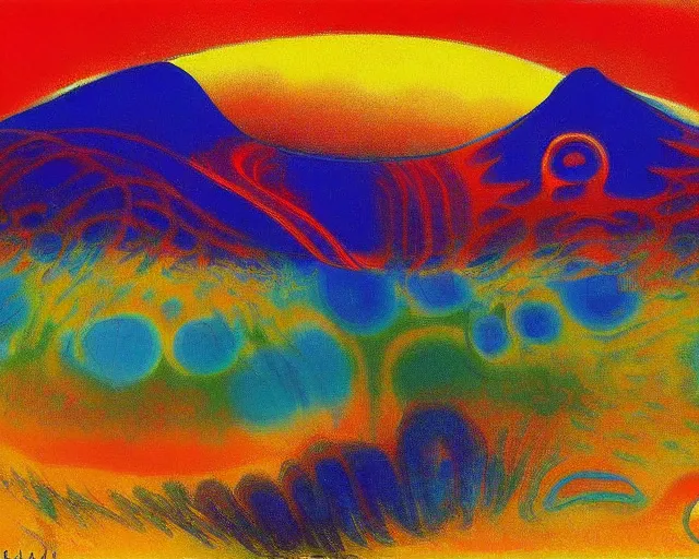 Image similar to A wild, insane, modernist landscape painting. Wild energy patterns rippling in all directions. Curves, organic, zig-zags. Mountains, clouds. Rushing water. Waves. Psychedelic dream world. Odilon Redon. Peter Max.