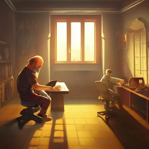 Prompt: a man and a room in a scorching hot room with two computers, inferno, d & d, fantasy digital painting, trending on artstation, concept art, sharp focus, illustration, global illumination, ray tracing, realistic shaded, art by artgerm and greg rutkowski and fuji choko and viktoria gavrilenko and hoang lap