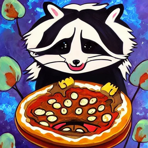 Image similar to a jeremiah ketner and studio ghibli acrylic impasto! painting! of a sad and teary and adorable and cute raccoon eating pizza