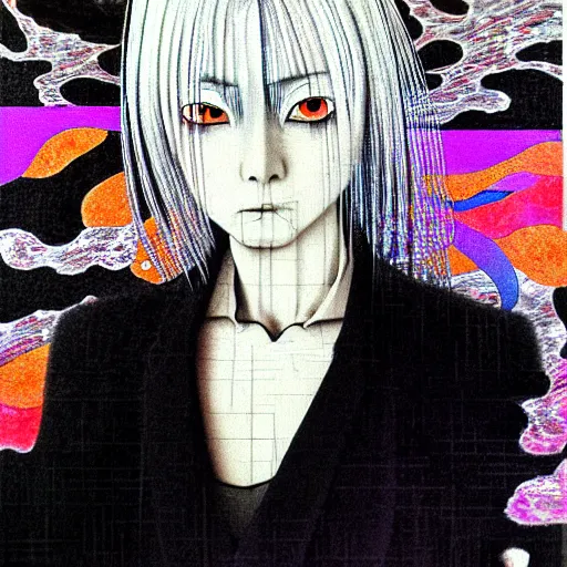 Image similar to yoshitaka amano blurred and dreamy realistic three quarter angle portrait of a woman with white hair and black eyes wearing dress suit with tie, junji ito abstract patterns in the background, satoshi kon anime, noisy film grain effect, highly detailed, renaissance oil painting, weird portrait angle, blurred lost edges