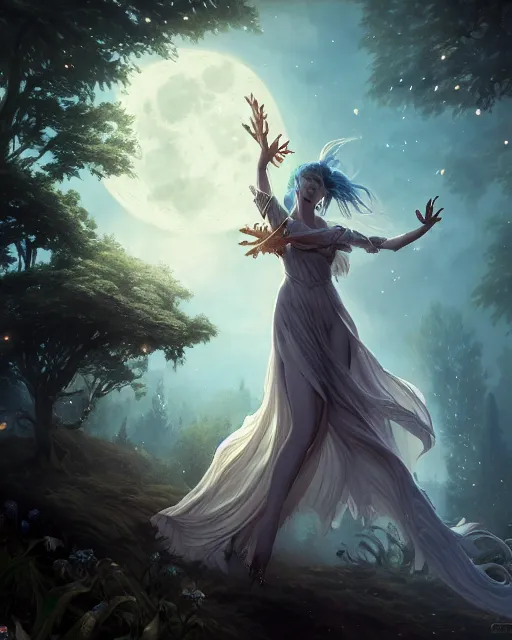 Image similar to attractive fairy goddness fly high in the night, d & d, fantasy, mist, full moon in background, trees, hyper detailed, art by artgerm and greg rutkowski and magali villeneuve, midium shot, 8 k realistic, cryengine, digital painting, trending on artstation, concept art, sharp focus, illustration,