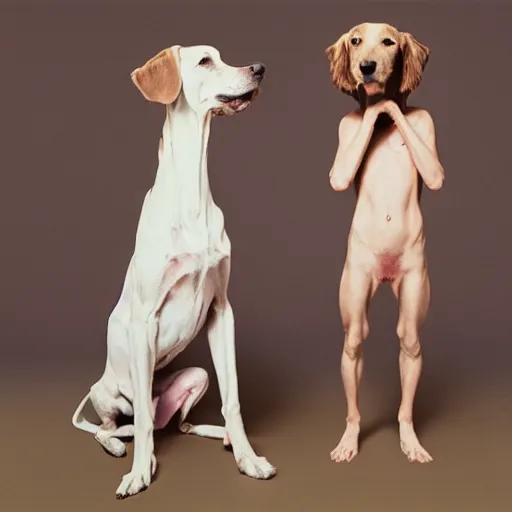 Prompt: a william wegman photograph of two dogs standing on hind legs in human clothing by ryan mcginley 4k, hyperrealistic, focused, extreme details, unreal engine 5, cinematic, masterpiece, high resolution, detailed,