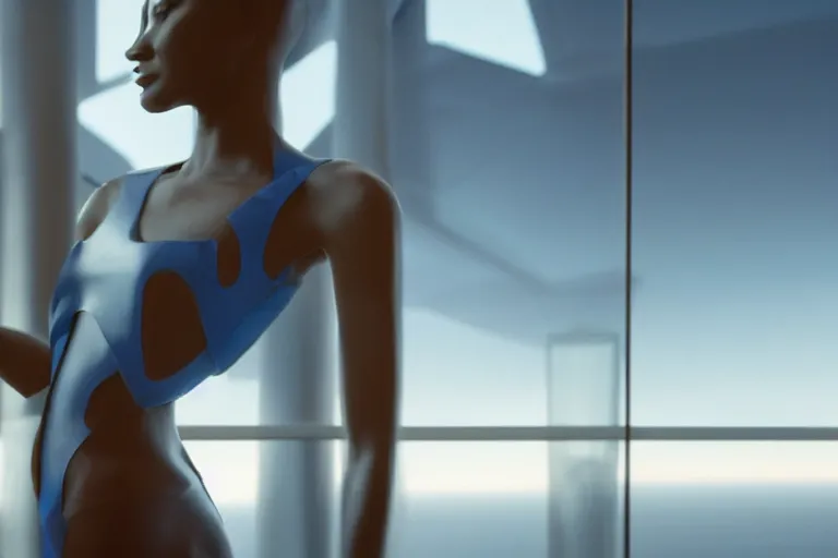 Image similar to vfx movie scene closeup portrait of beautiful blue skin fit skimpy alien woman dancing in sleek futuristic decadent spaceship pillars, futuristic ballroom. giant windows view of earth obit. by emmanuel lubezki