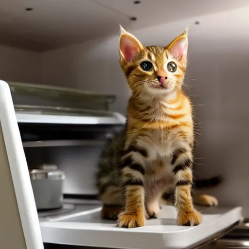 Image similar to a tabby kitten on top of a fridge in the kitchen