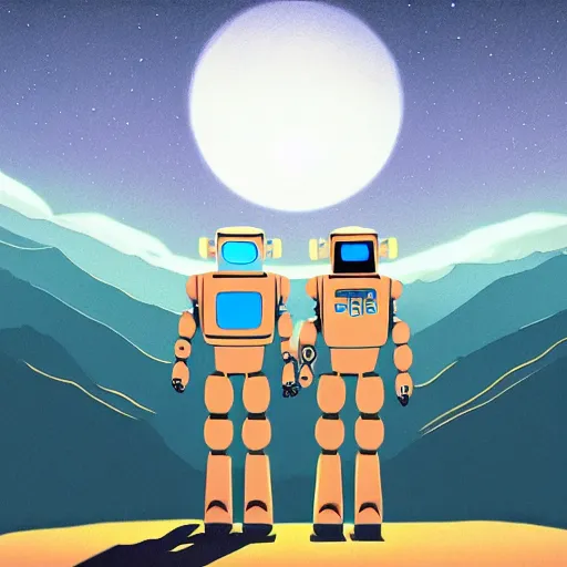 Image similar to illustration of two robots holding hands on a summit, standing, looking out toward a full moon on a starry night, beautiful, muted colors, in the style of hirohiko araki, rutkowski, atey ghailan