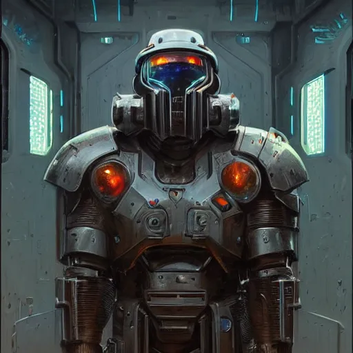 Image similar to the doomslayer with bright glowing armor as a realistic scifi cyberpunk knight, closeup portrait art by donato giancola and greg rutkowski, vintage retro scifi, realistic face, digital art, trending on artstation, symmetry!!!