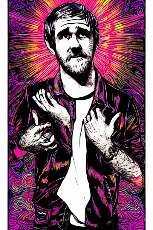 Image similar to inspirational style hope poster of bo burnham with beard, psychedelic colors, highly detailed, realistic, loving, portrait by james gurney and laurie greasley