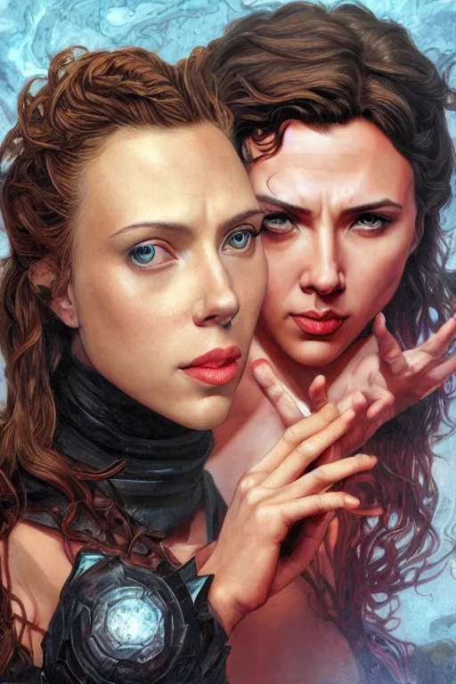 Image similar to A fantasy comic book style Oil Painting portrait of Scarlett Johansson and Gal Gadot, as Atlantean Reptilian Warriors, Mystical Valkyrie, unreal 5, DAZ, hyperrealistic, octane render, Regal, Refined, Detailed Digital Art, RPG portrait, William-Adolphe Bouguereau, Michael Cheval, Walt Disney (1937), François Boucher, Steampunk, dynamic lighting, Highly Detailed, Cinematic Lighting, Unreal Engine, 8k, HD