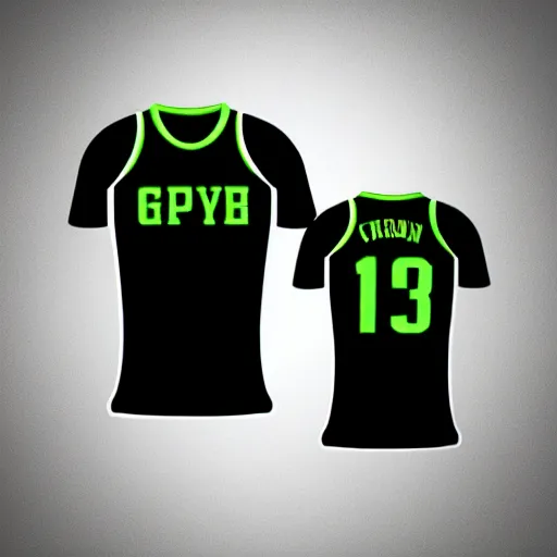 Image similar to A black and green basketball jersey, white background, 3d,