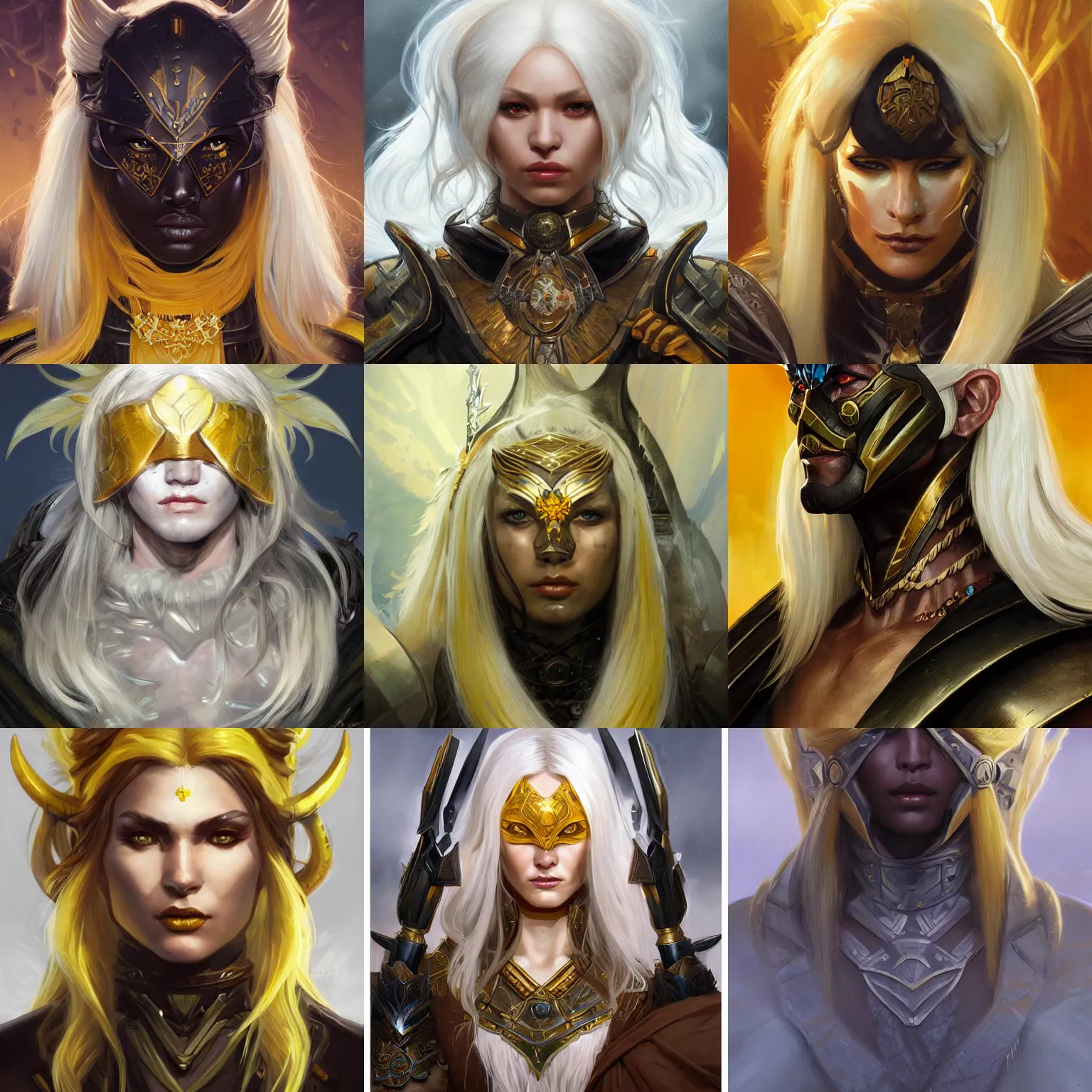 Prompt: onyx-skinned warrior, headshot, long white hair, yellow eyes, fantasy, D&D, painted character portrait, highly detailed, digital painting, artstation, concept art, sharp focus, illustration, art by artgerm and greg rutkowski and alphonse mucha