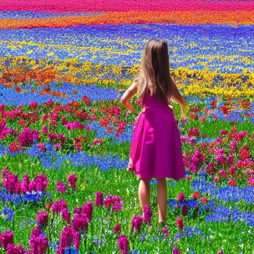 Prompt: A vast field of colorful flowers under a blue sky and a girl in a smaragd dress