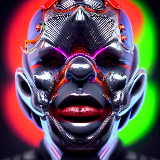 Prompt: chrome jester, glossy, metallic, neon, symmetrical, tribal patterns, realistic, unreal engine, octane, redshift, artstation, behance