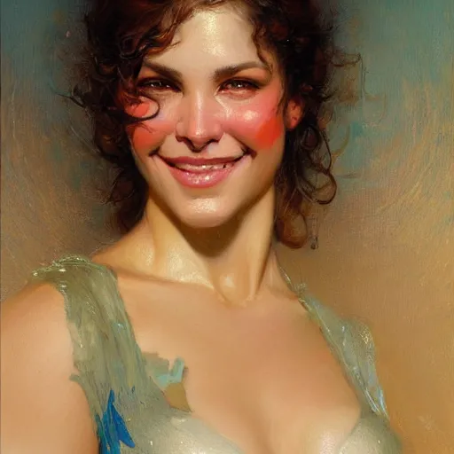 Image similar to a portrait of a pitbull woman hybrid smiling at the viewer. highly detailed painting by gaston bussiere, craig mullins, j. c. leyendecker 8 k