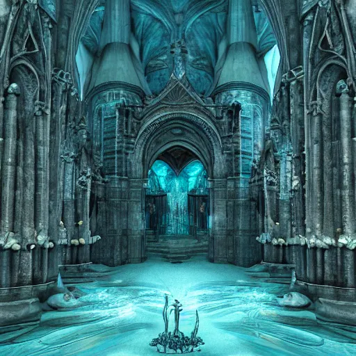 Prompt: an intricate photograph of an underwater gothic cathedral at the bottom of the ocean surrounded by mermaids by david lachapelle, francisco goya, william blake, dark and scary abyssal ambient, photorealistic, octane render, unreal engine, 4 k, smooth zenithal lighting, subaquatic photography,