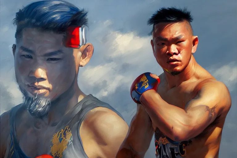 Image similar to greg manchess portrait of a filipino mma fighter sword dash, sunny day, matte painting, bold shapes, hard edges, street art, trending on artstation, by huang guangjian, gil elvgren, ruan jia, randy vargas, greg rutkowski