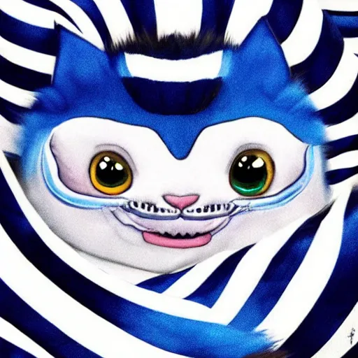 Image similar to cute blue striped cheshire cat. an adorable cat with light blue stripes, blue eyes and a big mischievous smile. stunning digital art by eva balloon. fluffy, soft