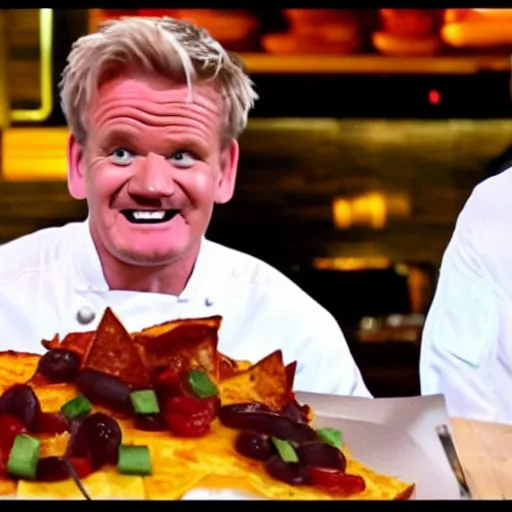 Image similar to < photo hd trending funny > gordon ramsey exudes joy from seeing an incredibly oversized plate of nachos < photo >