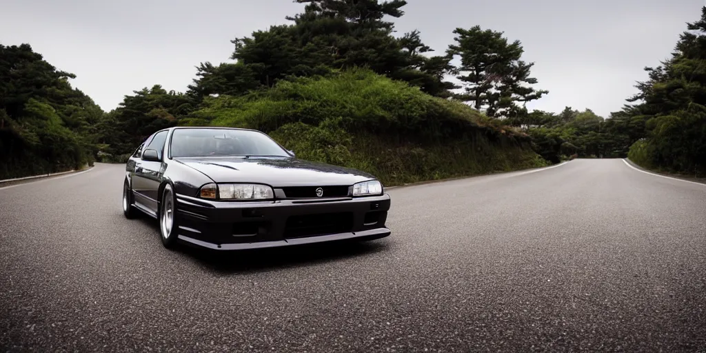 Image similar to Beautiful Photograph of Nissan Skyline R33 on a road in Japanese countryside, Night