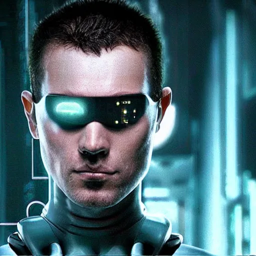 Image similar to grainy photo of an male cyberpunk character wearing bionic implants, criminal,