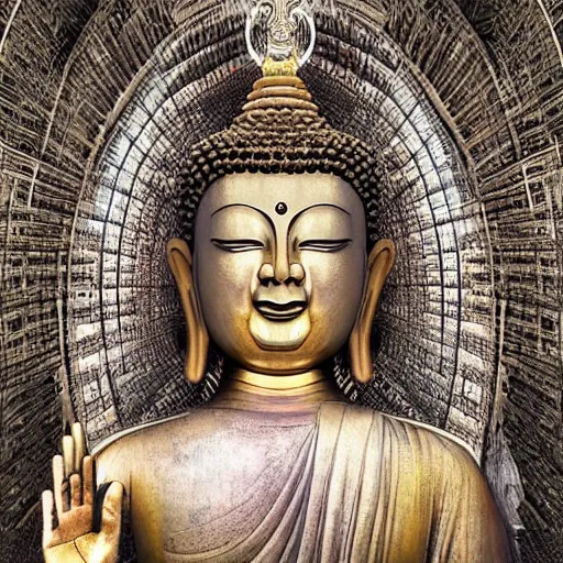 Prompt: An incredibly huge and influential statue of buddha found after years of contemplating, travelling and exploring in lucid dreams finally leading towards the answer to the question you didn't even know you had, digital art, fantastical details, amazing artwork, award winning