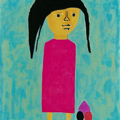 Prompt: A beautiful illustration. She has deeply tanned skin that makes me think of Oort, an almond Asian face and a compact, powerful body. magenta, 1970s by Ben Shahn, by Etel Adnan rich details, unnerving