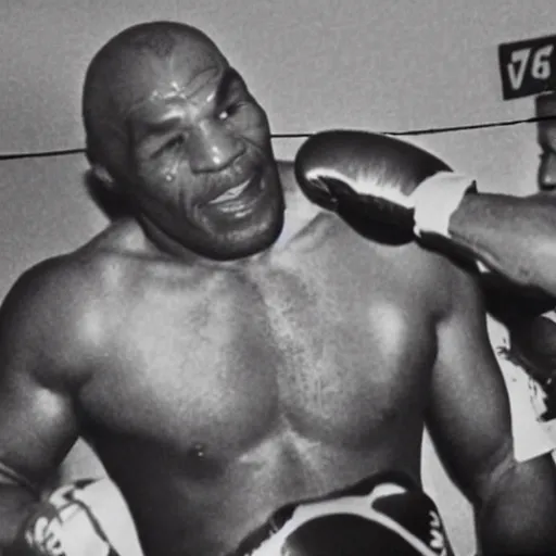 Image similar to polaroid image of mike tyson fighting an alien xenopmorph in a boxing ring