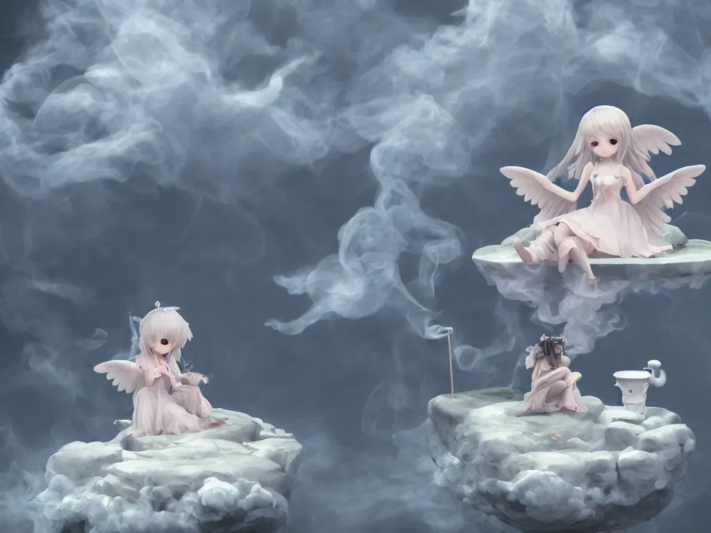Prompt: cute fumo plush gothic angel maiden girl sitting on a floating island, isometric projection, wisps of smoke and volumetric fog, vignette, orthographic, vray