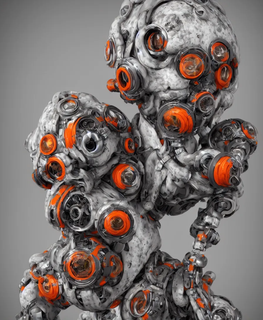 Prompt: biomechanical futuristic creepy cyborg creature with gas mask and eyes made of camera lenses. white and orange plastic. concept art by jarold Sng | octane render