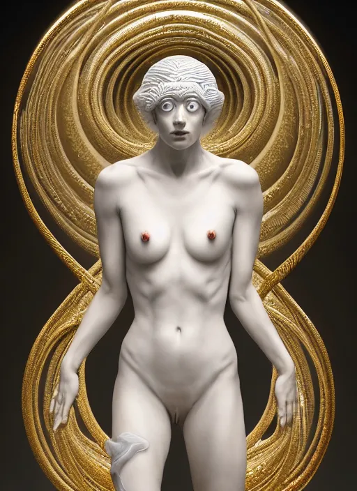 Prompt: a statue made of white marble with gold veins, of snakes with bubblebutts, transhumanism, full body shot, perfect symmetrical body, perfect symmetrical face, hyper realistic, hyper detailed, by johannen voss, by peter kemp, by monia merlo, by michelangelo, by ernst haeckel, by alex grey, octane render, blender, 8 k