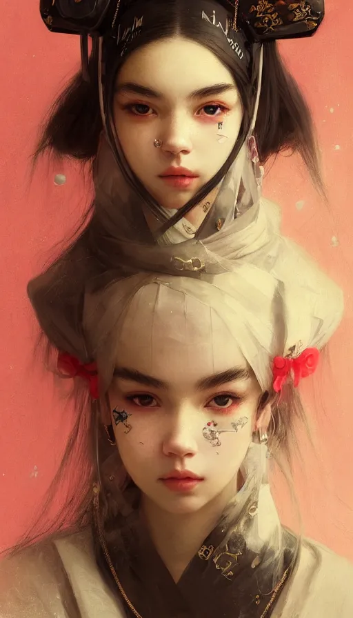 Prompt: madison beer, detailed portrait young gangster lolita, amazing beauty, visor, neon tattoo, styled hair, decorated traditional japanese ornaments by carl spitzweg, ismail inceoglu, vdragan bibin, hans thoma, greg rutkowski, alexandros pyromallis, perfect face, fine details, realistic shaded