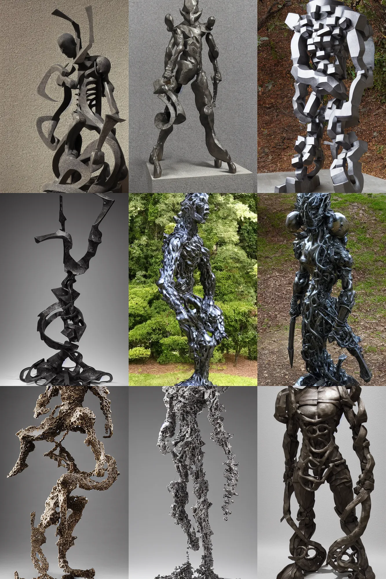 Prompt: Award-winning sculpture by Yoshitaka Amano ((((and Eduardo Chillida)))). The sculpture is a portrait of a RPG fantasy warrior. Made of steel, hyper-detailed. Studio lightning, perfect composition