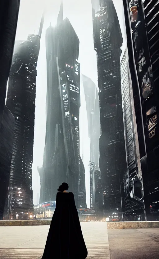 Prompt: “elegant Black woman in dress and heels with her back to us, looking at a futuristic Blade Runner city” 8K