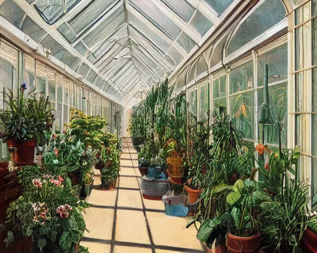 Image similar to Victorian greenhouse corridor decorated with potted plants, hyper-realism
